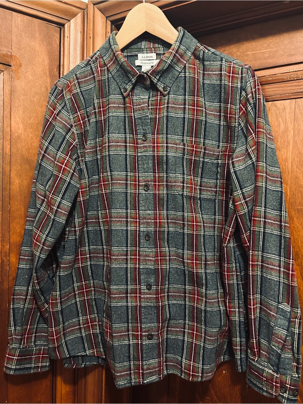 L.L. Bean Gray and Red Plaid Button-Down Shirt